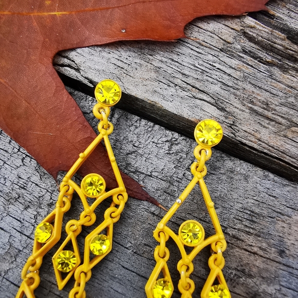 Yellow Painted Metal Chandelier Post Earrings with Yellow Rhinestones - Picture 6 of 13
